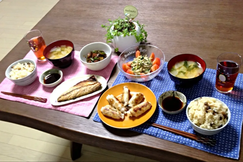 長芋の肉巻、鯖の塩焼、茄子とピーマンの味噌煮、牛蒡サラダ、大根のお味噌汁、しめじご飯|pentarouさん