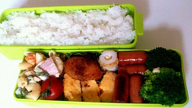 Snapdishの料理写真:″旦那お弁当″卵焼き、マカロニサラダ、ウィンナー、ブロッコリー、コロッケ|もち豆腐さん