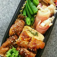 お弁当＊照り焼きチキン♪スナックえんどう♪卵焼き♪えのきベーコン巻♪きんぴらごぼう|かいたんさん