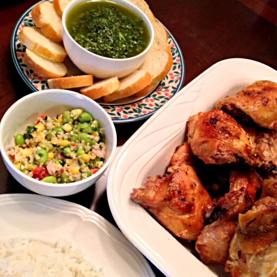 Snapdishの料理写真:Baked Chicken, Edamame Salad, Argentinian Chimichuri.|John Tompkinsさん