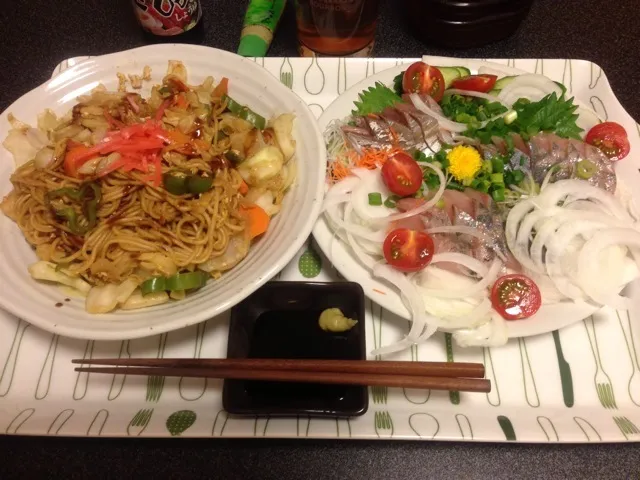 野菜たっぷり焼きそばと鯵のお造り！✩⃛꒰⁎⁍̴◡⁍̴⁎ ॢ꒱✨|サソリさん