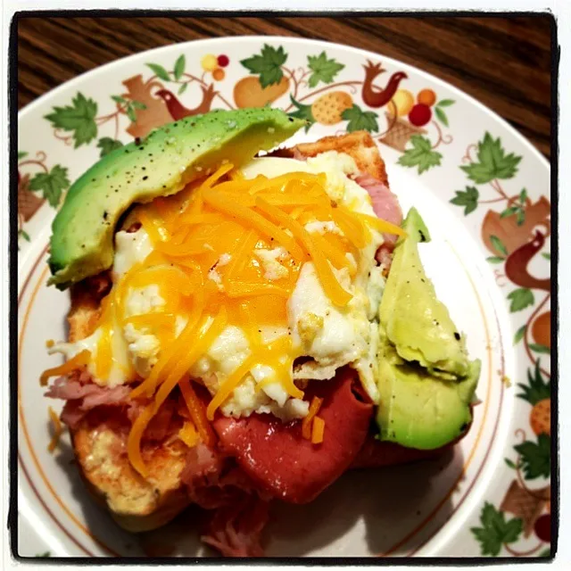 Open face hot ham and cheese, over easy egg and avocado.|Sarah Althoffさん