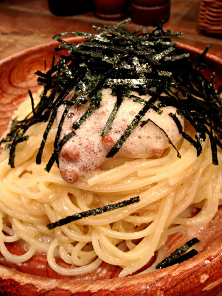 たらこと納豆のパスタ。生パスタとの相性ばっちり。初めて生パスタを美味しいと思った！|Tomyさん