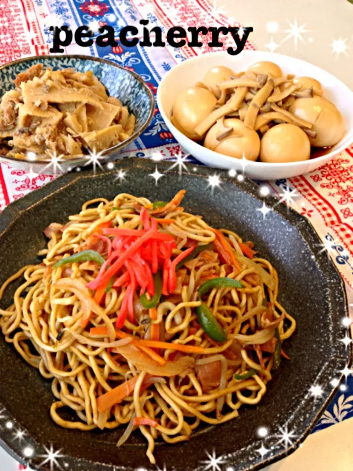 焼きそば・煮卵withエリンギ・昨日の残りの筍の炒め煮(*ﾟдﾟ*;;)|☆ぴ〜ちゃん☆さん