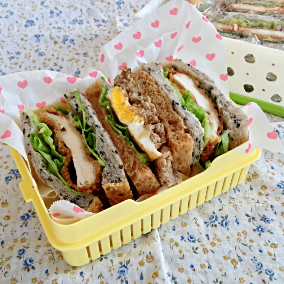 6月8日  ゴマパンのカツサンドとドイツパンのハンバーグサンドのお弁当|かとっちみゆさん