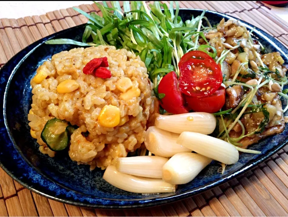 残りカレーのリゾットと大豆たんぱく茄子と空心菜炒めプレート|nonnoさん