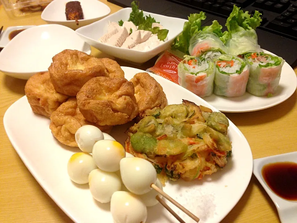 家飲み。焼きがんも、うずら玉子串、かき揚げ、生春巻き、ゆでささみ。|liccaさん