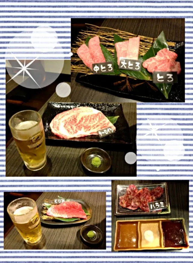 Snapdishの料理写真:焼肉〜🎵 (中とろ・大とろ・とろ、サーロイン、カルビ、くりみ)、ビール|pentarouさん