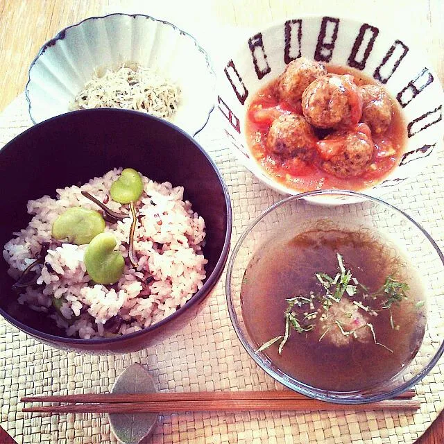 空豆ごはんと、おからと豚肉団子トマトの甘酢煮|かなっぺさん