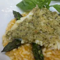 Walnut Basil Blue Cheese crusted White Fish over Asparagus Risotto|sonya keisterさん