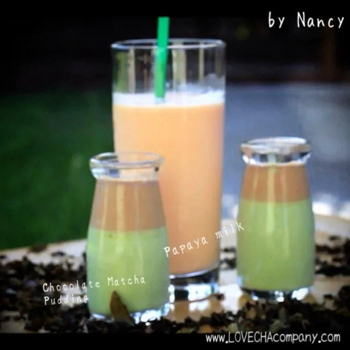 papaya milk and matcha pudding with top chocolate|LovechaCompanyさん