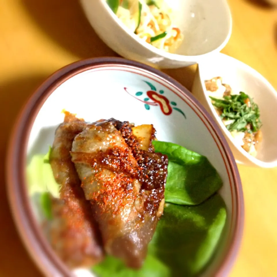 蒟蒻の豚バラ巻き照り焼き♡切り干し大根とキュウリの酢の物♡長芋納豆和え柚子胡椒風味|さちこ(さがねっち)さん