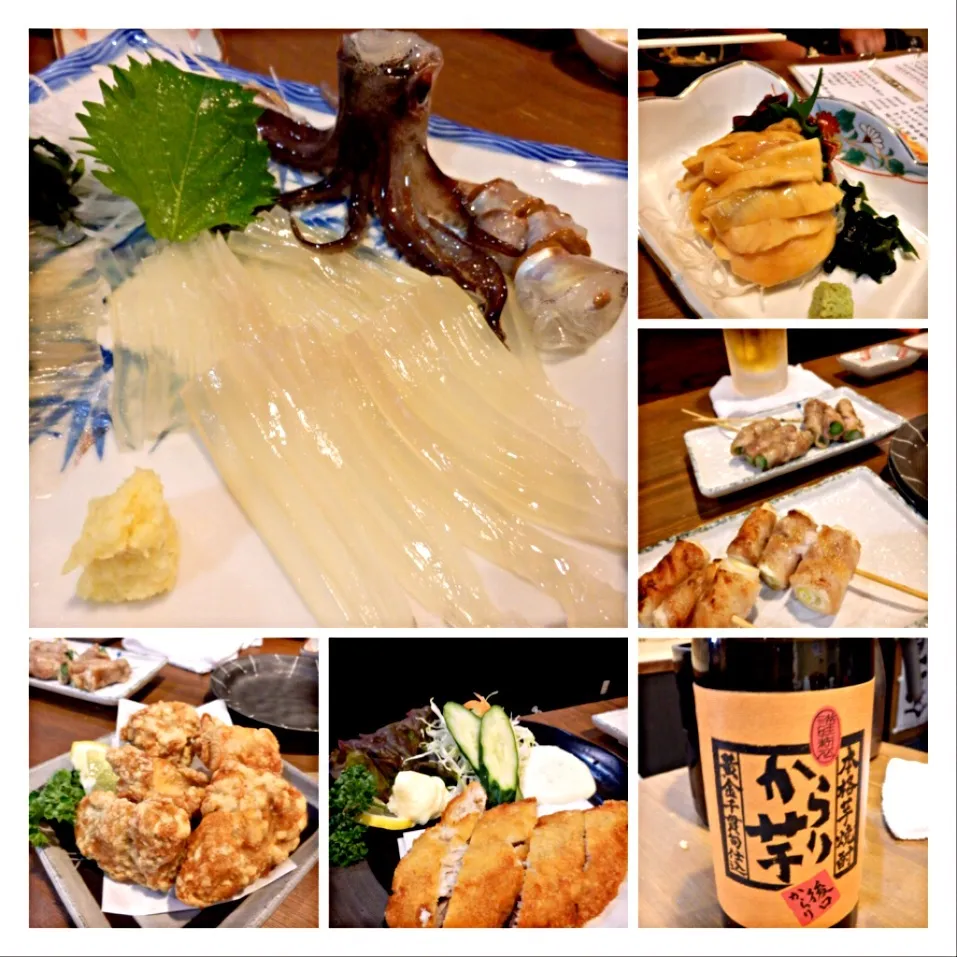 Snapdishの料理写真:活イカ（＾∇＾）ほやのお刺身、焼き物、揚げ物、ビール、ビール、はちみつゆずのロックは甘すぎたから芋をお湯割で（＾∇＾）|しーさん