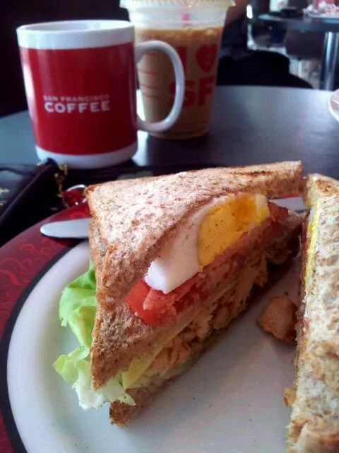 Snapdishの料理写真:club sandwich
Egg,turkey ham,turkey bacon,cheese and greens between two toasted wholemeal bread|joey limさん