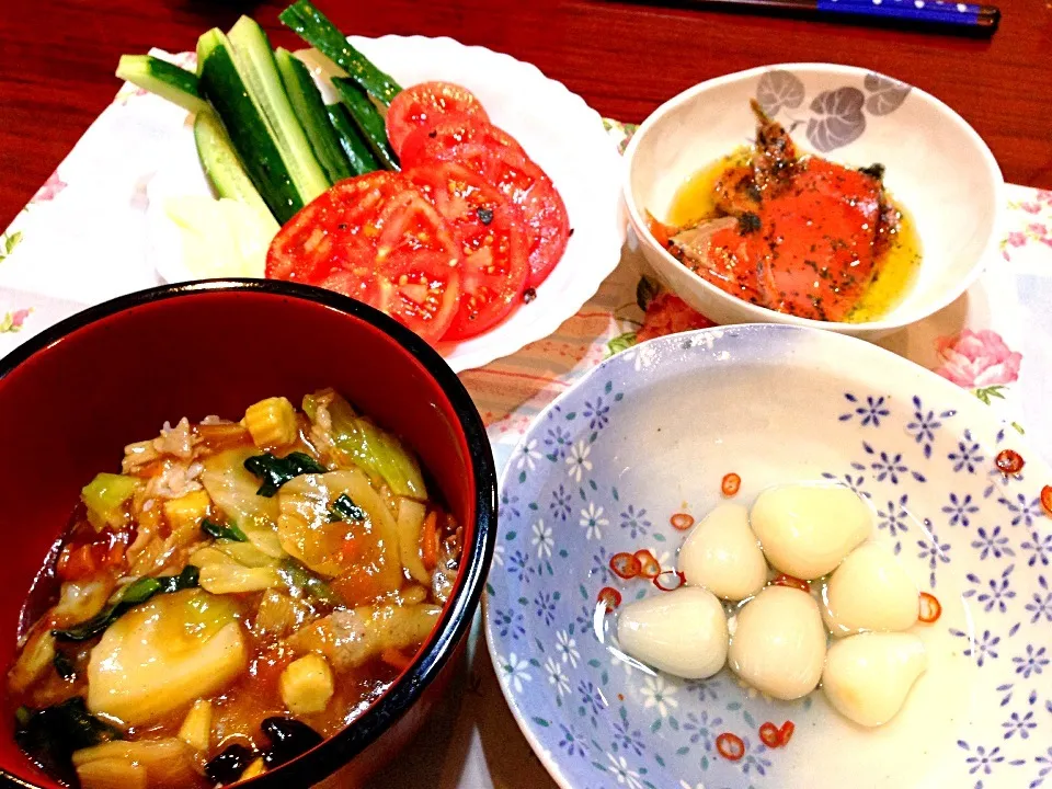 五目煮丼、冷やし🍅胡瓜、サーモンマリネ、らっきょう|相良幸子さん