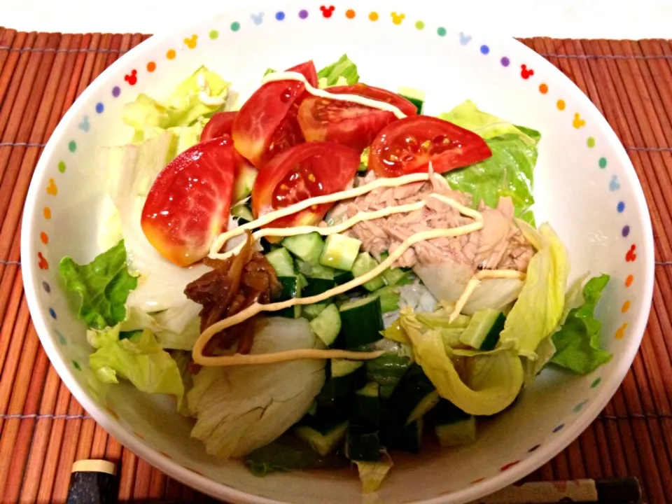 Snapdishの料理写真:土曜日の手抜きサラダうどん🍜|みきぴょん♪さん