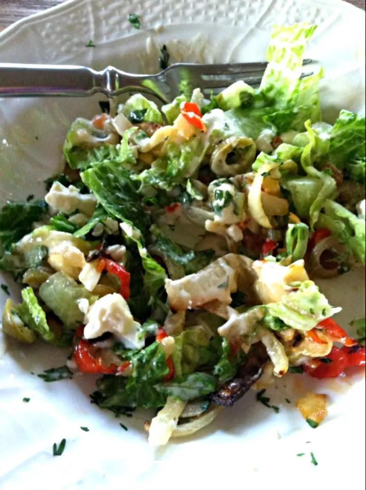 Salad with roasted onions and peppers, using some of our first herbs|kathy mcdowellさん