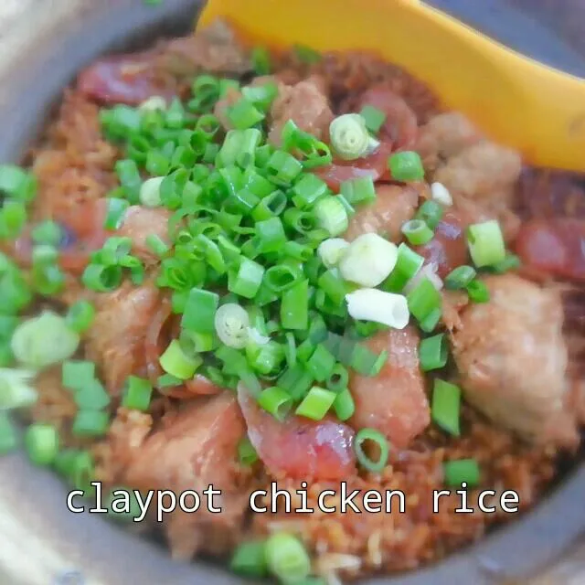 rice & chicken with chinese sausage cook over fire in a claypot..eat with chillis & raw onions|yapさん