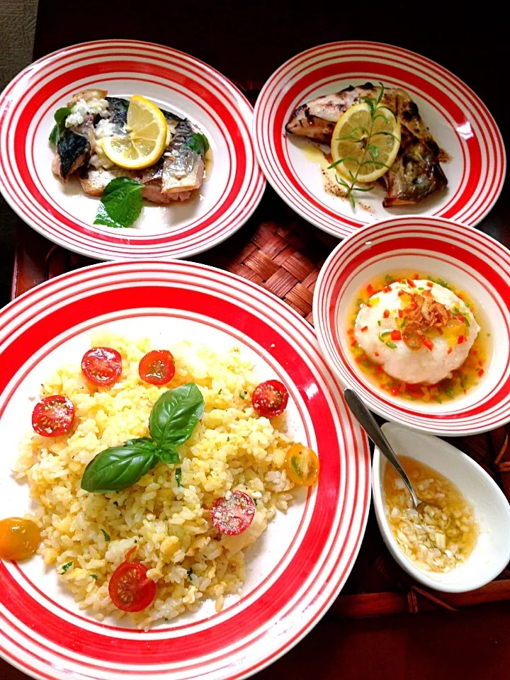 Today's Dinner🍴一口ｻｲｽﾞ鯖のﾈｷﾞ塩･蓮根&大根と山芋まんじゅう･鰤のｱﾛﾏ焼き･ﾊﾞｼﾞﾙﾄﾏﾄﾁｬｰﾊﾝ|🌈Ami🍻さん