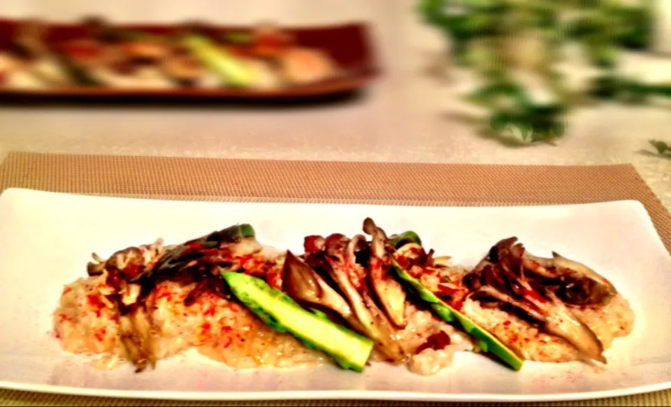 Asparagus feast3: Risotto with Sakura shrimp, grilled asparagus and maitake mushrooms|Kirk Awiamさん