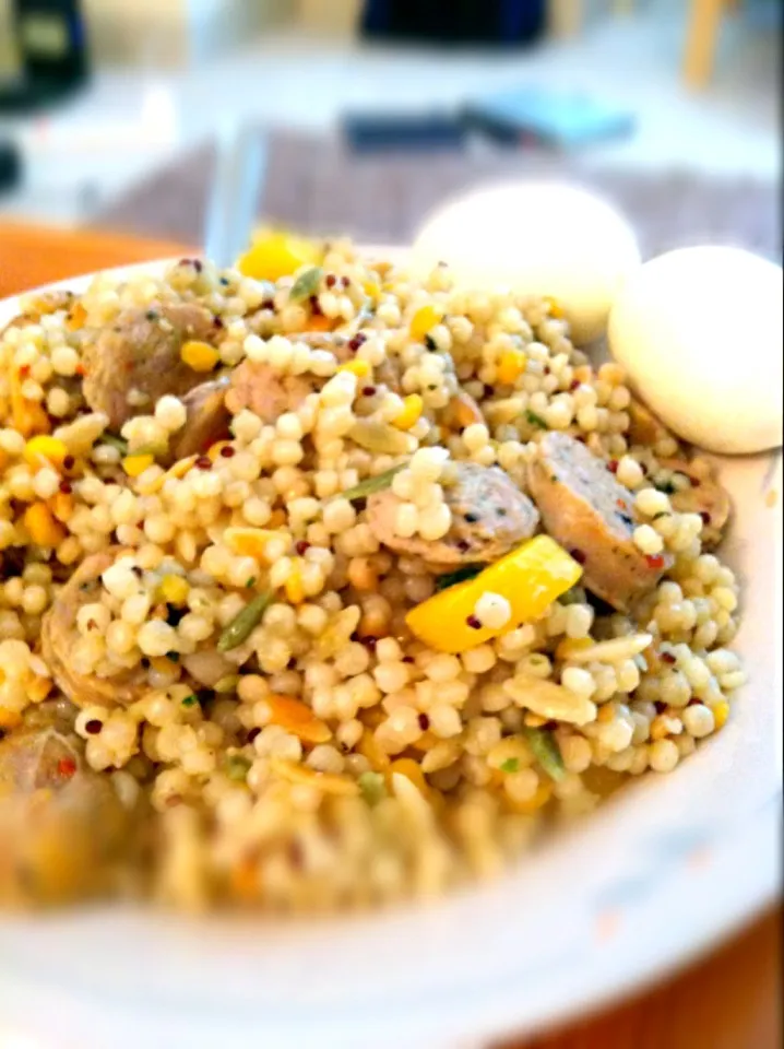 Wild couscous with spicy chicken sausage, squash and greens|Juliee ~ ジュリーさん