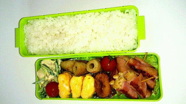 Snapdishの料理写真:″旦那お弁当″卵焼き、ささみときゅうりのマスタード和え、えのきのハム巻き、ちくわ甘辛炒め、コーンクリームコロッケ|もち豆腐さん