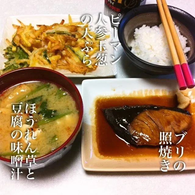 130613-ブリの照焼き、ほうれん草の味噌汁、天ぷら、ご飯 ¥290 #夕食|dune725さん