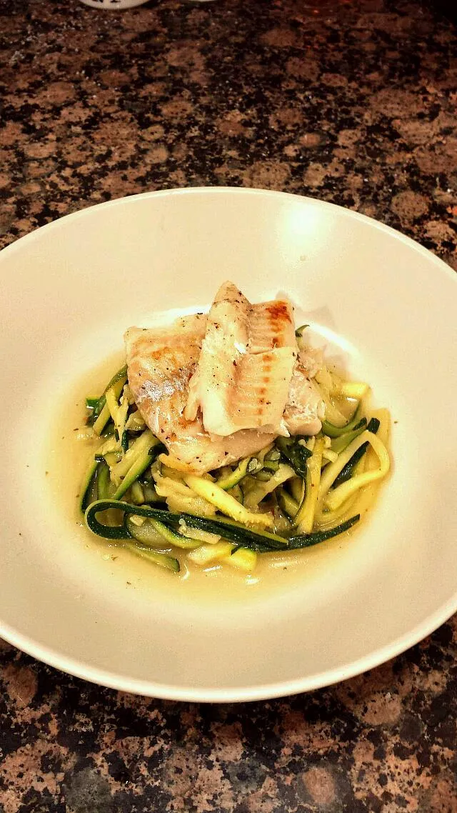 lemon basil zucchini pasta with polluck filet|sandyさん