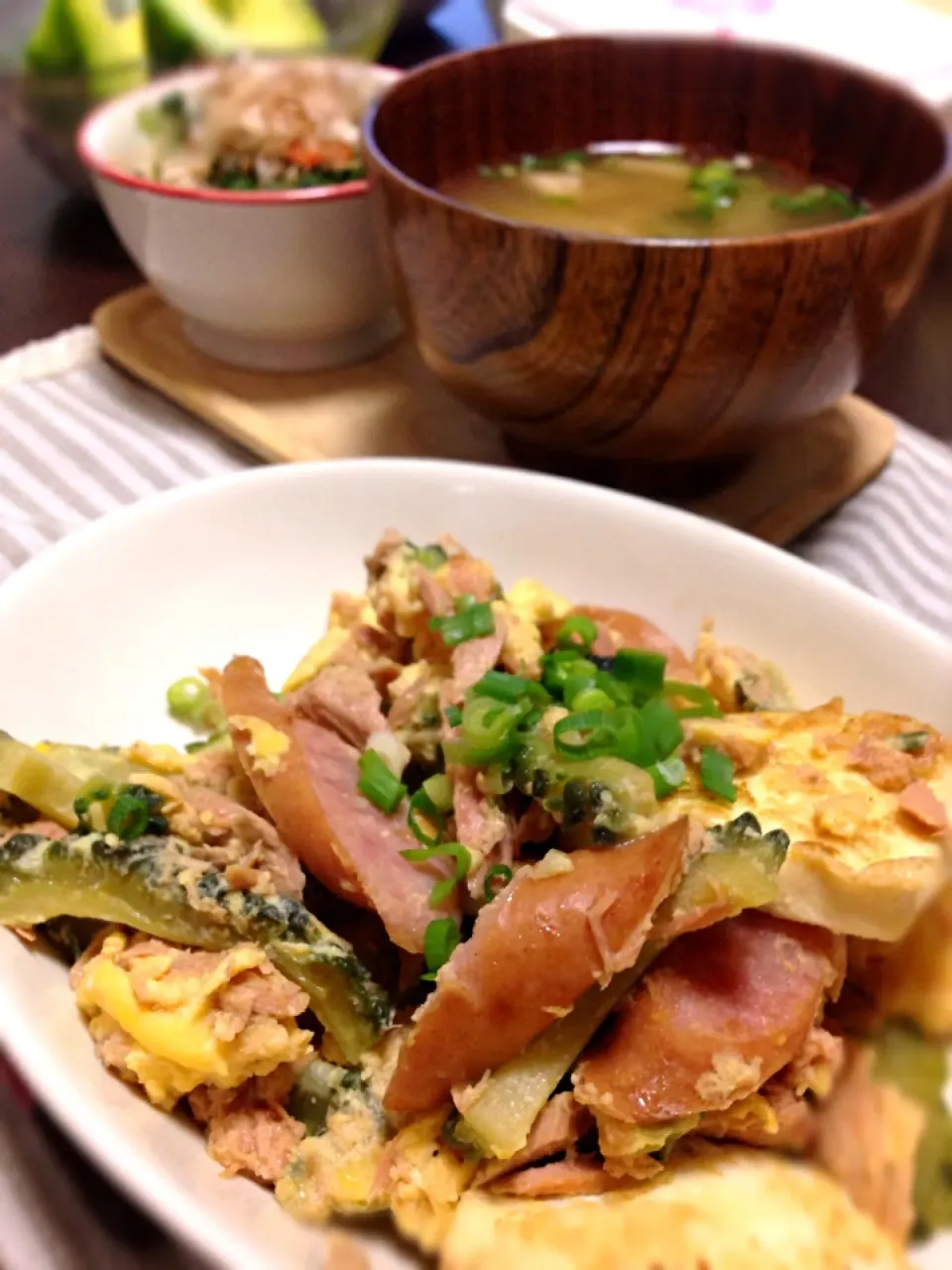 Snapdishの料理写真:Stir-fried Bitter-gourd with Toufu, Eggs, Tuna and Sausages|YvoMiwaさん