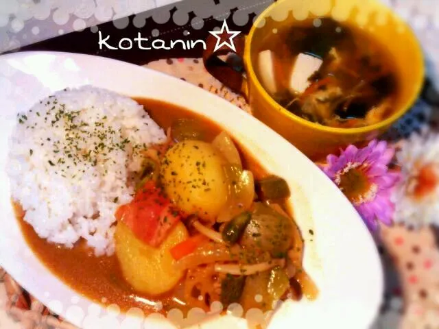 野菜ゴロゴロ豆乳マイルドカレー☆☆野菜と豆腐の卵スープ(*^^*)|コタニンさん