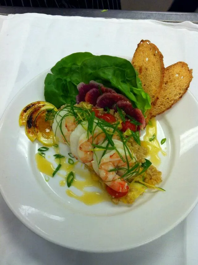 Butter Poached Jumbo Shrimp presented w/ a Roasted Vegetable Quinoa & Watermelon Radish Salad dressed in a Citrus vinaigrette|Bryan S. Mooreさん