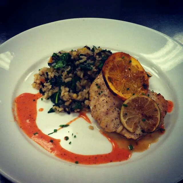 Key West Baked Grouper in a warm Citrus Vinaigrette with a warm spinach & pearl rice medley salad.|Bryan S. Mooreさん