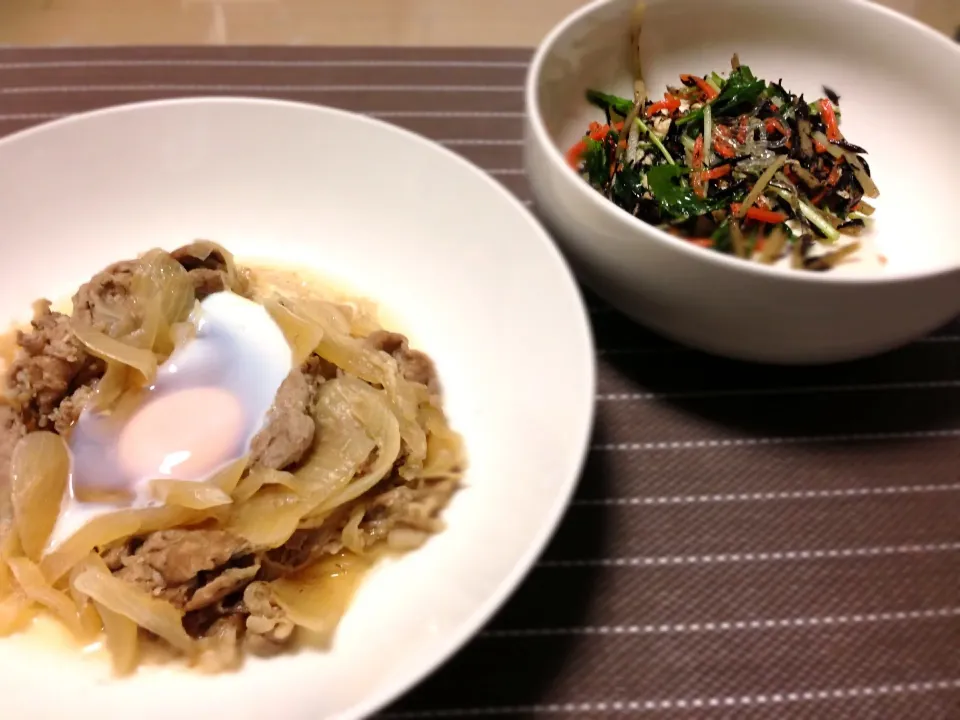 牛丼の具と豆腐とひじきのサラダ|どんぐりやろうさん