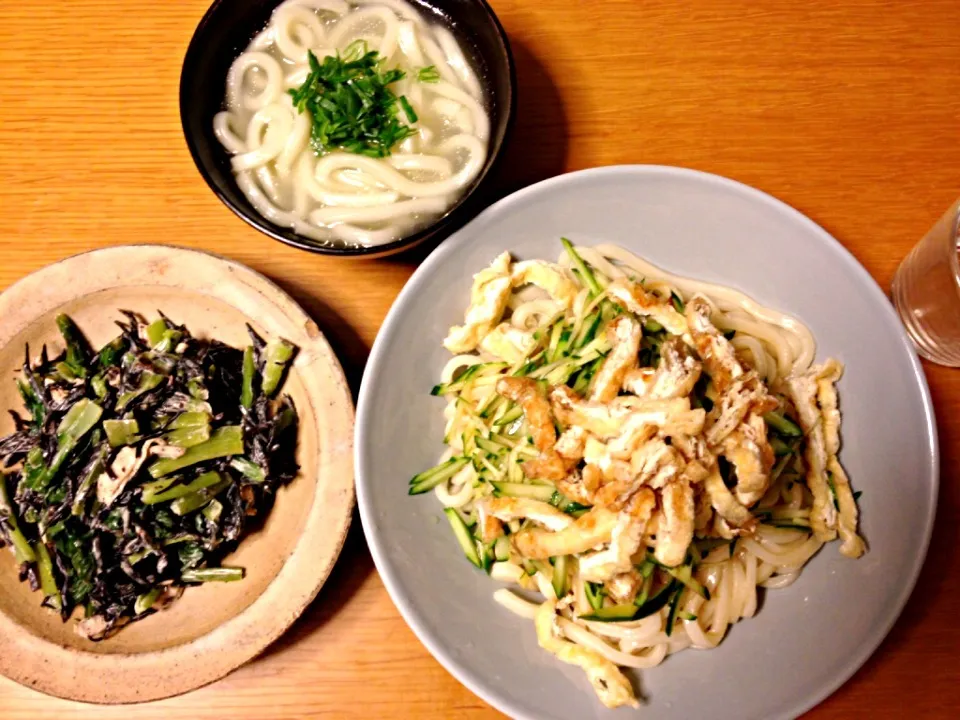 Snapdishの料理写真:冷やしうどん、ひじきと小松菜と蒸し鶏のサラダ、温うどんもちょっと|マグワイアさん