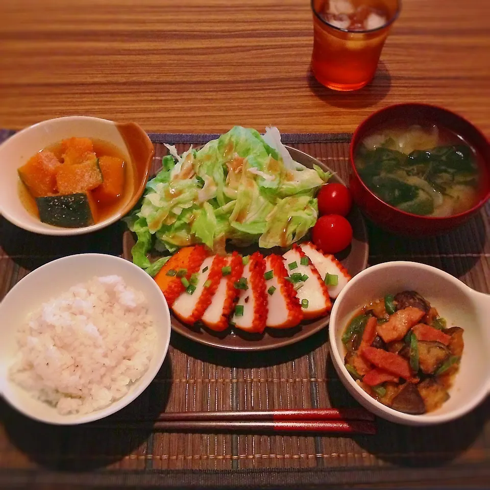 イカのピリ辛焼き、カボチャの煮物、ナスとピーマンの辛味噌炒め|はるさん