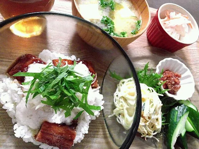 ☆サンマの蒲焼き丼☆かんぱちのなます☆卵豆腐のお味噌汁☆スパサラ☆もろキュー☆|BOKUNCHEさん