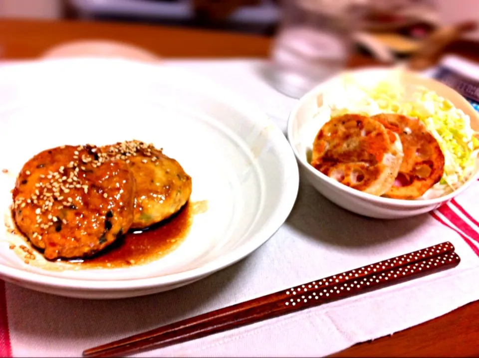 豆腐ハンバーグ、蓮根のチーズベーコンはさみ焼き|カナエさん