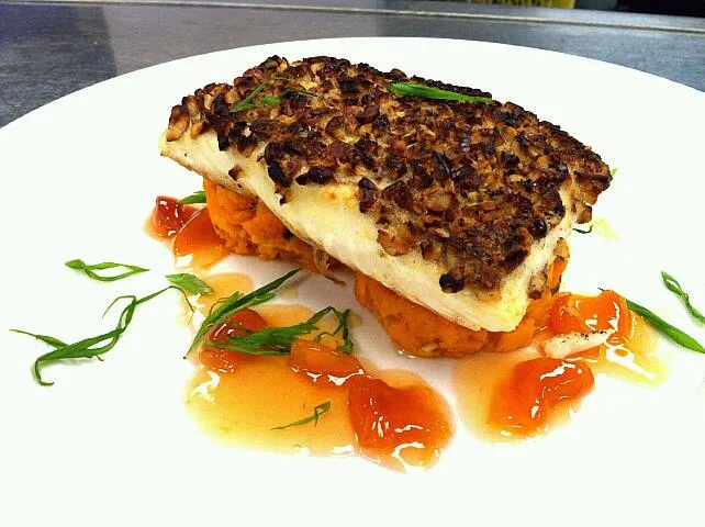 Pecan crusted Halibut on Lemon scented smashed Sweet Potato in a Peach gastrique|Bryan S. Mooreさん