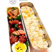 Snapdishの料理写真:高校生息子弁当 コーン🌽炊込み御飯