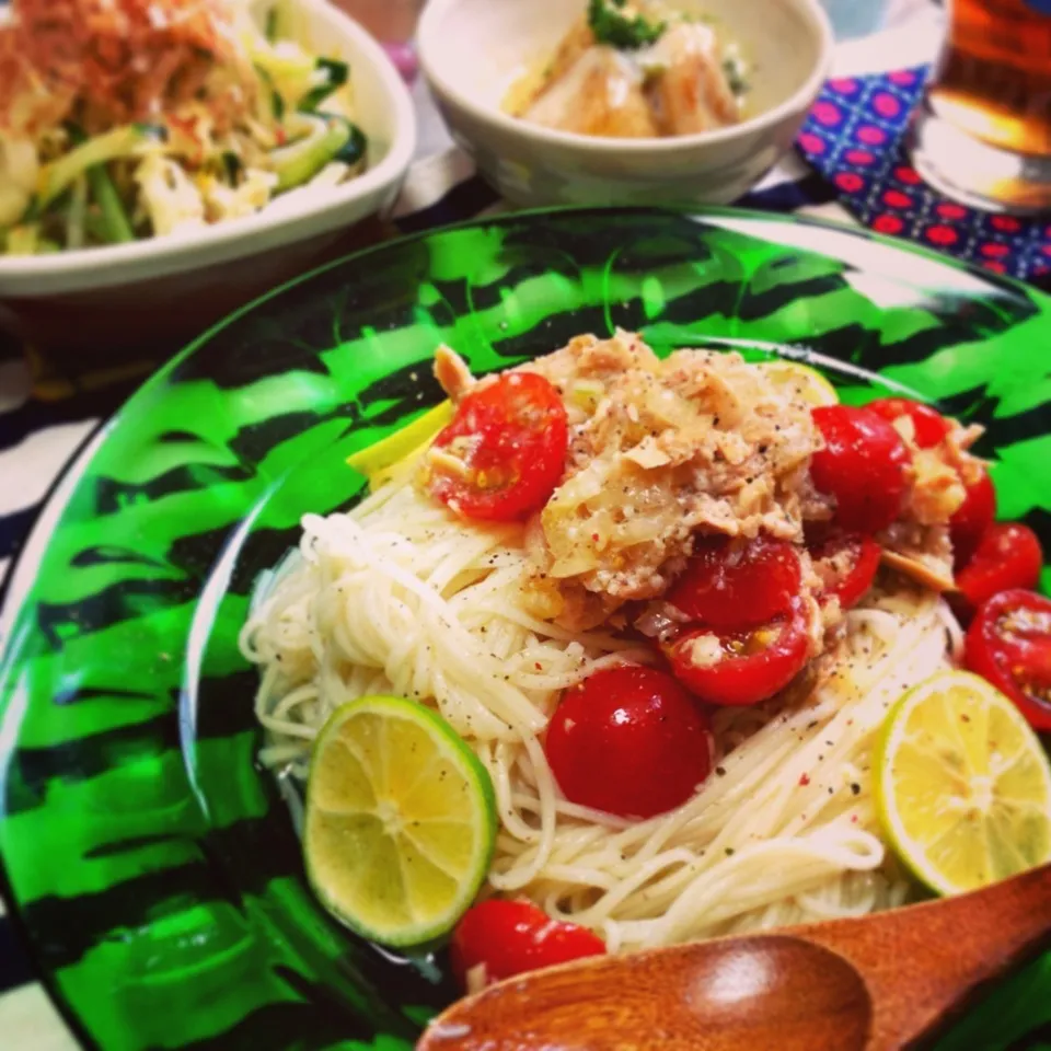 Snapdishの料理写真:今日のトモコンダテは素麺でプチトマトとツナの冷製カッペリーニ🍅🐟🍋✨|🇯🇵ともこちゃん。さん