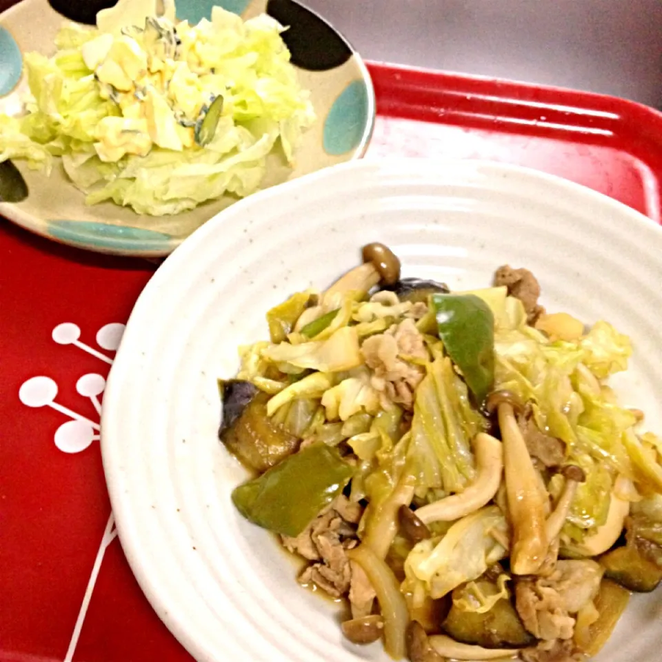 Snapdishの料理写真:回鍋肉風野菜炒め、レタスとキュウリと卵のサラダ|しぃさん