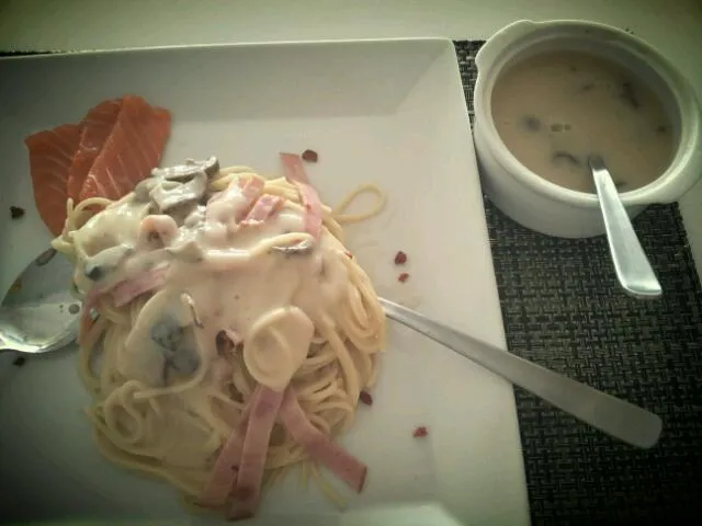 ...Spaghetti w salmon, mushrooms & ham...|Cjkさん