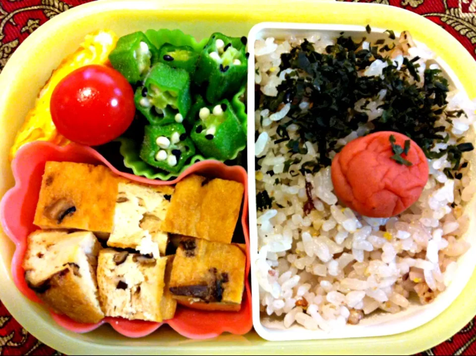 Snapdishの料理写真:きんぴらがんもとオクラのごま塩和え弁当|もえさん