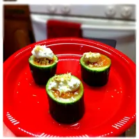 Snapdishの料理写真:Gazpacho in Cucumber Cups, topped with sour cream.|Jacqueline Ballanさん