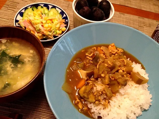 茄子と挽肉のカレーライス  白菜コールスロー  スープ  巨峰|ikukoさん