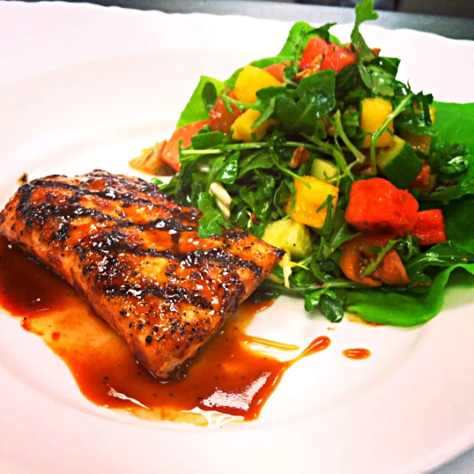 BBQ glazed mahi over a watermelon, airloom tomato salad with a cumin vinaigrette.|Andrew C Messinaさん