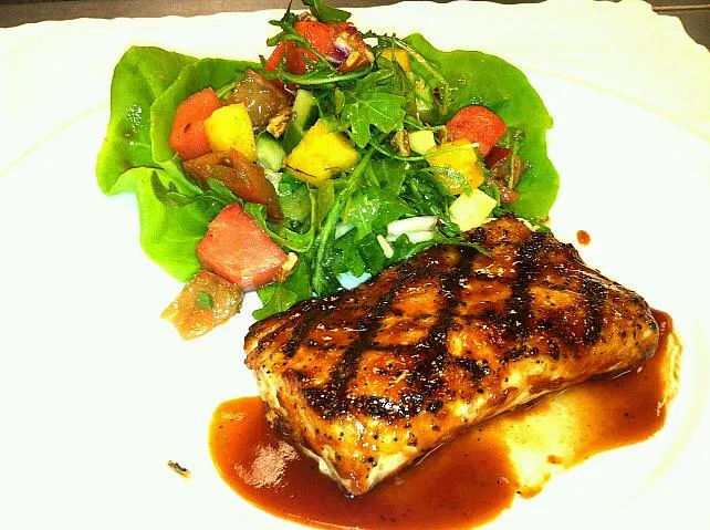 Barbeque glazed grilled Mahi Hierloom Tomato & Watermelon Summer Salad finished with a spiced Vinaigrette|Bryan S. Mooreさん