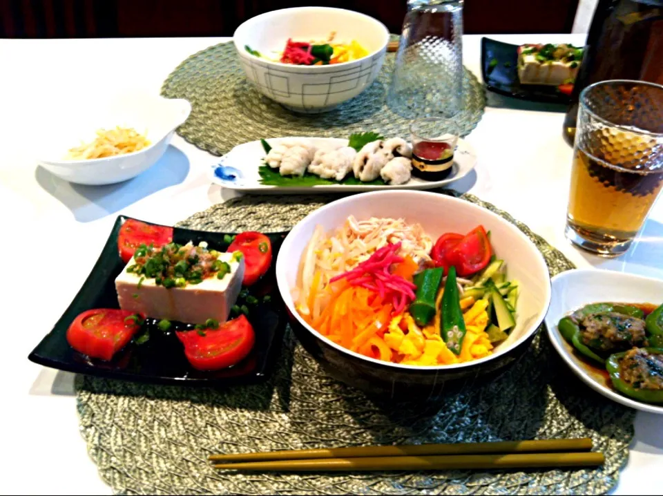 糸コンニャクの冷麺風、豆腐、モヤシナムル、豆腐でした(^^)|りえさん