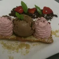 strawberry cheesecake mousse, granola biscuit, chocolate soil and chocolate ice cream.|lee mastinさん