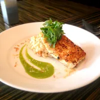 Coconut crusted halibut with a sweet potato risotto and a cilantro lime vinaigrette|zac sayersさん